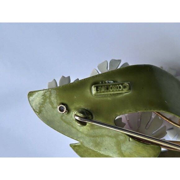 Vintage Coro Enamel Flower Pink & Green Brooch Pin Rhinestone Centers 1950-s - Picture 2 of 4